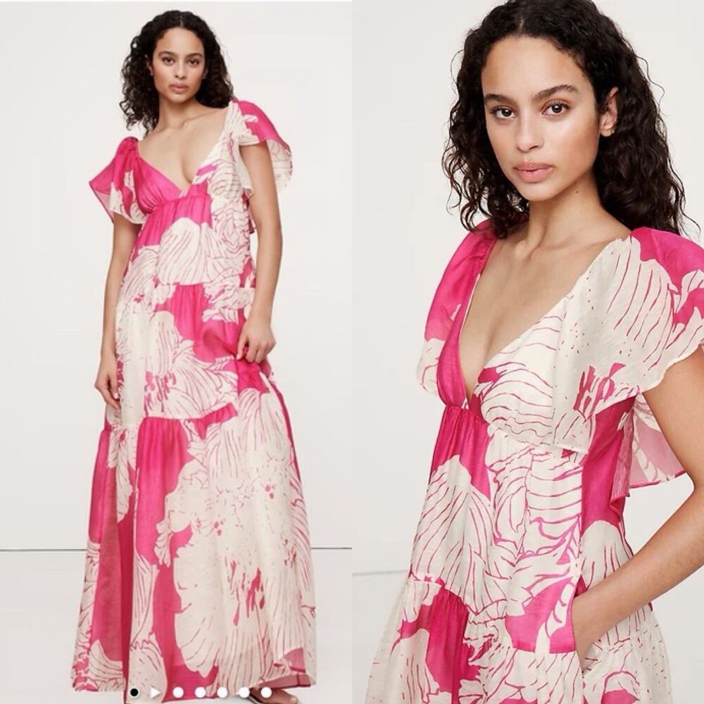 Banana Republic Silk Linen Maxi Dress NWT Pink Floral Resort Cruise Size 20